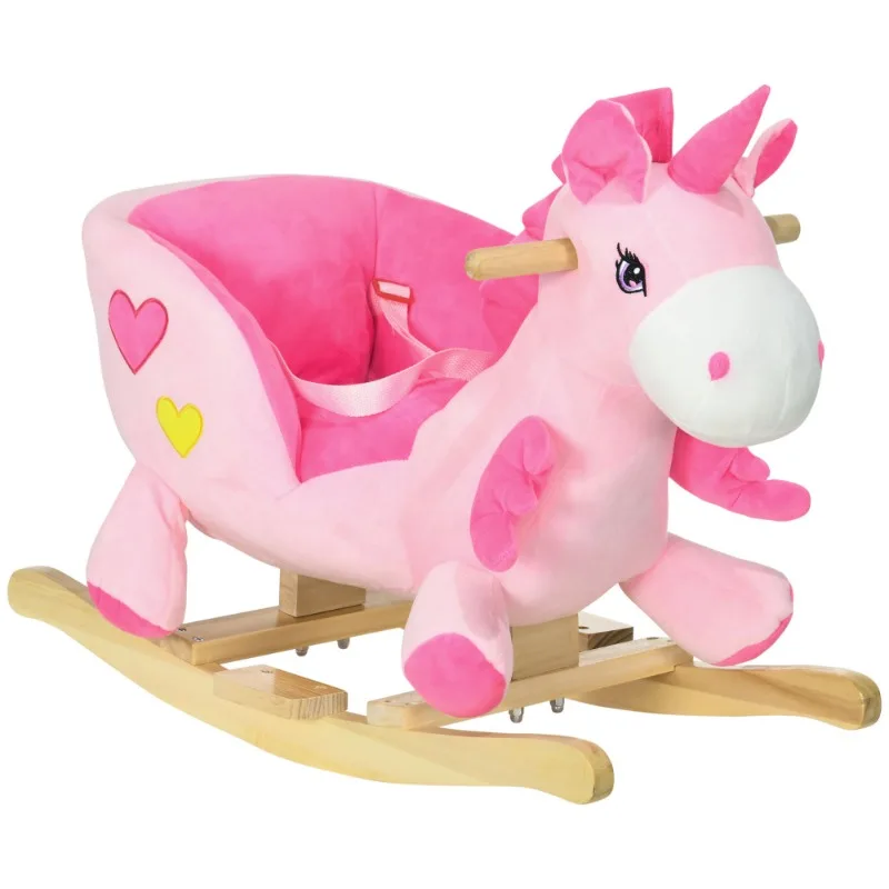 Pink Unicorn Plush Rocking Horse for Kids Soft Stuffed Ride On Toy with Wooden Base Children Toddler Animal Rocker Chair