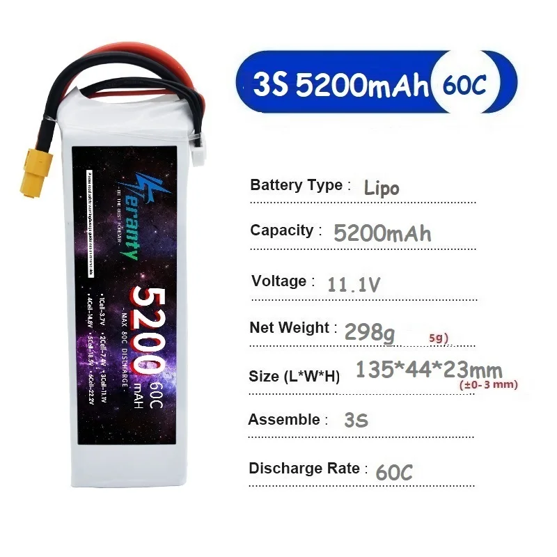 TERANTY 2S 3S 4S 6S 5200MAH 60C Akumulator Lipo 7.4V 11.1V 14.8V 22.2V Do Samolotów RC FPV Helikopterów Dronów Modeli Czołgów Hobby RC — zdjęcie produktu 3