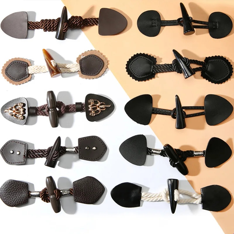 1 Pairs Horn Buttons Duffle Coat Jacket Fasteners Toggle with Leather Patch Buckle Buttons for Overcoat Decor Sewing Accessories