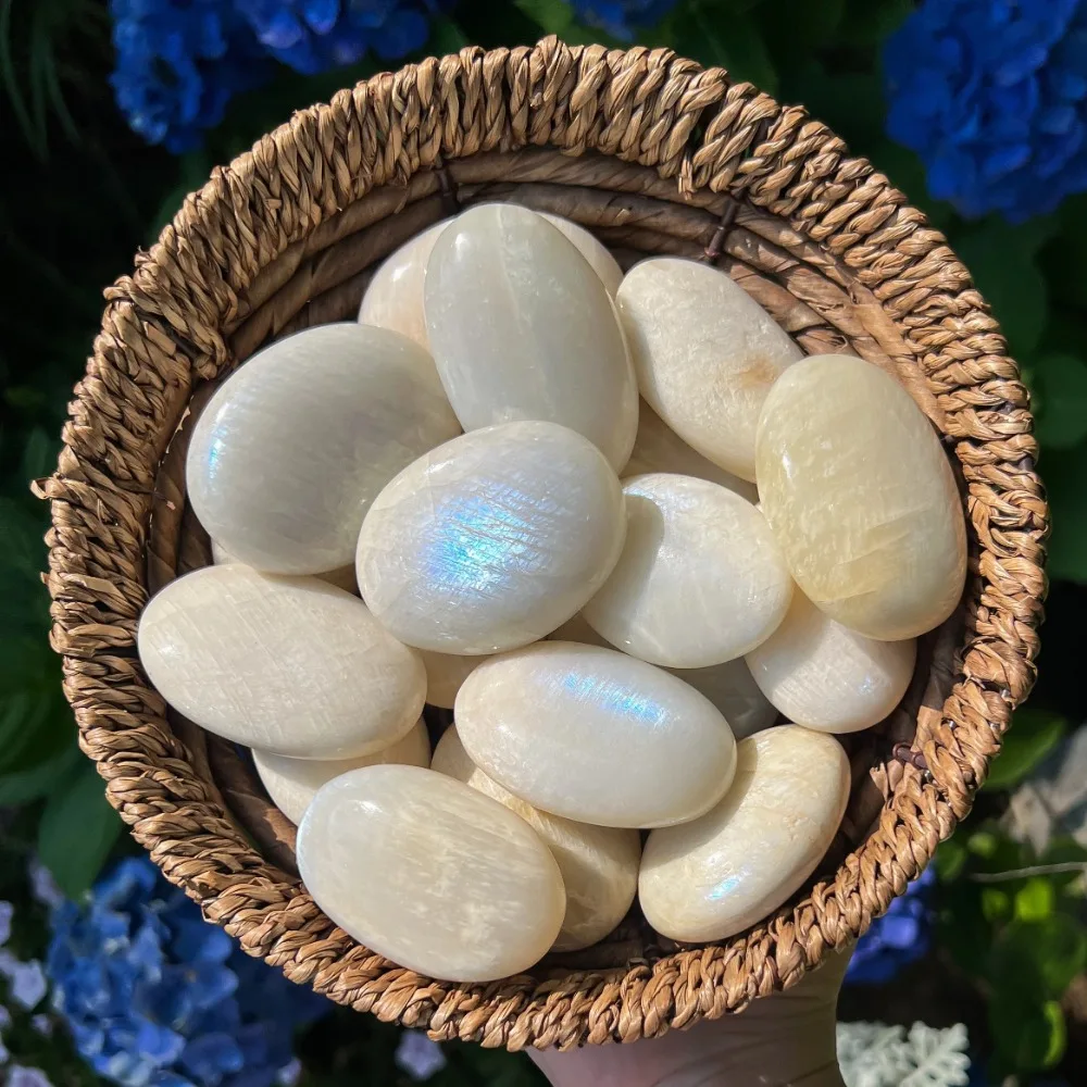 1pc Handcrafted Blue Flashy Moonstone Palm Stone - Polished Crystal with Iridescence, Loose Synthetic for Home Decor