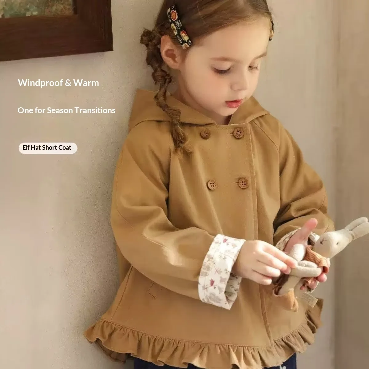 New Girls Short Trench Coat Spring Autumn Khaki Ruffled Outerwear With Floral Cotton Lining For Little Girls