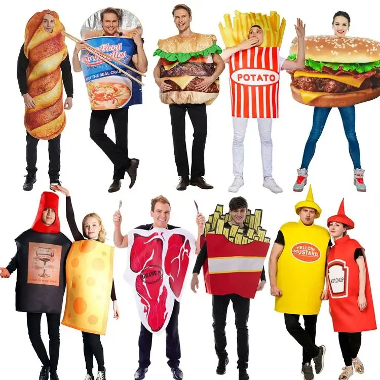 

Костюм для выступлений на Хэллоуин: Забавные блюда (бургер, картофель фри, хлеб, лапша быстрого приготовления, стейк, красное вино, сыр) и этническая одежда