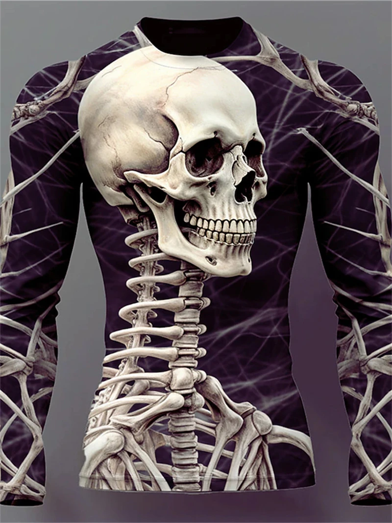 Retro 3D Full Print Long Sleeve T-shirt Mens Y2k Vatage Skeleton Skulls Graphic Harajuku Tee Tops Casual Harajuku Men\'s Clothing