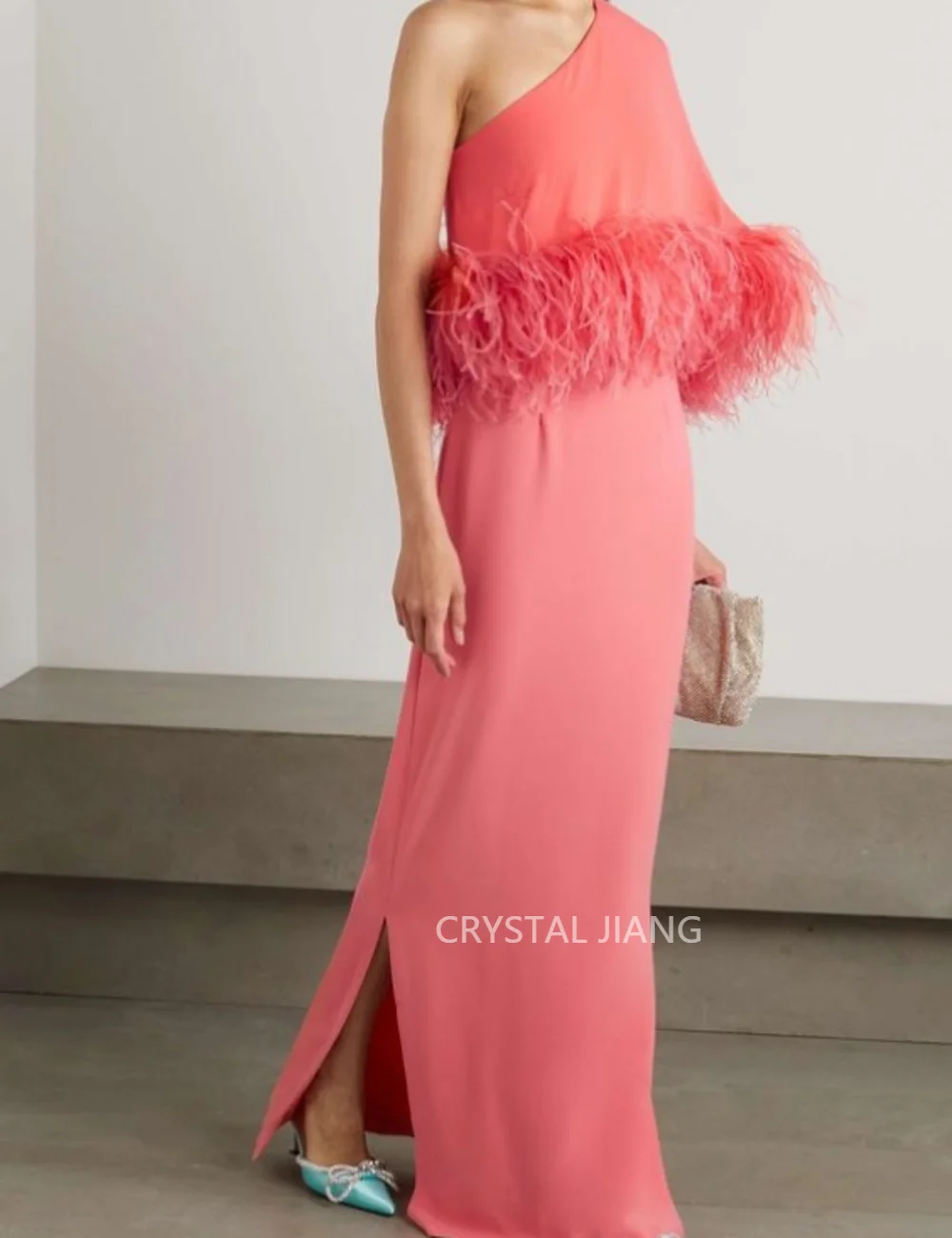 

Elegant Long One Shoulder Crepe Evening Dresses Half Sleeves with Feathers Mermaid Slit Floor Length платье вечернее Party Gowns