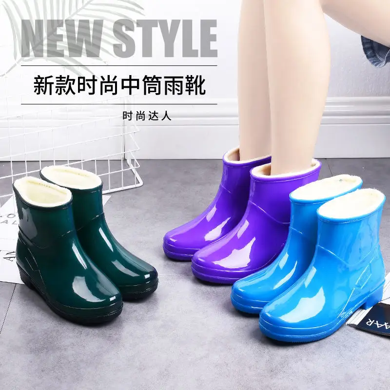 Feerldi Purple Women Waterproof boots Low Heels Colorful Polka Dot Rain boots for women Plush Warm Water Shoes