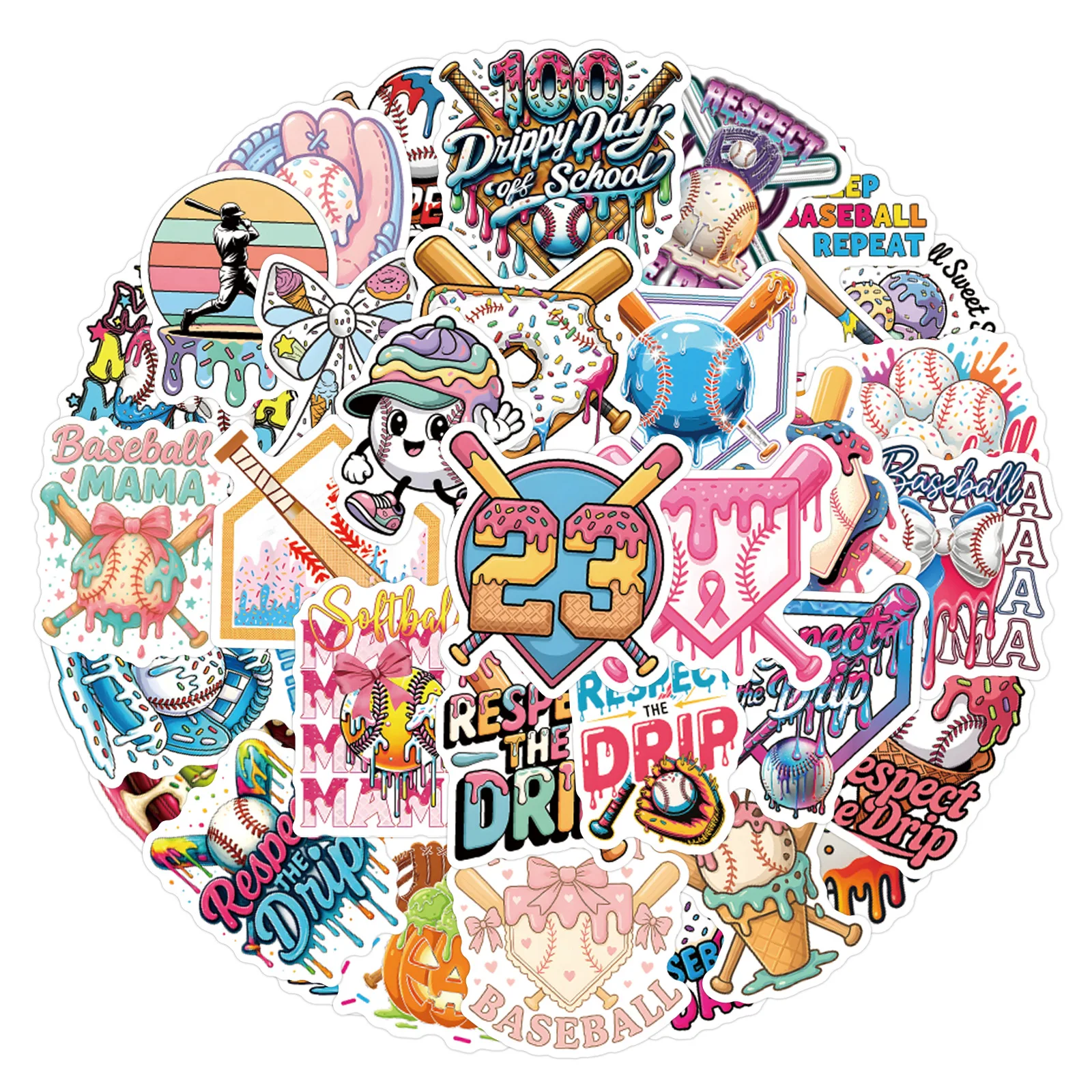 

50pcs Cartoon Ice Cream Baseball Stickers Decorative Handbook Stationery Water Cup Computer Waterproof Stickers