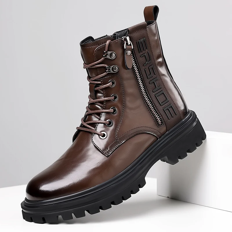 New Men Brand Side Zipper Business Casual High Top Cotton Boots with Added Fleece Fashionable Men Lace Up High Top Leather Boots