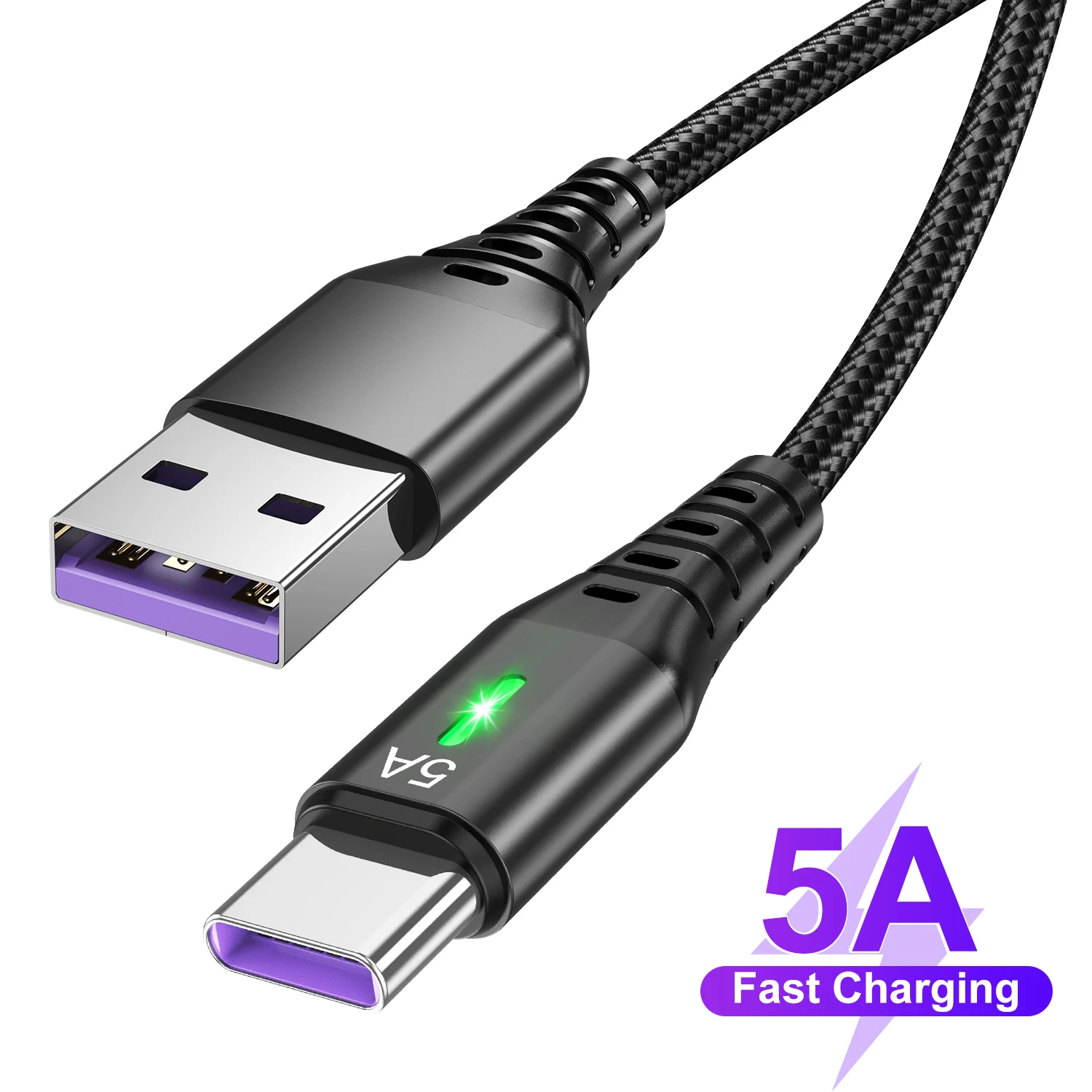 5A Fast Charging USB A to Type C Cable For Samsung Xiaomi Huawei Oneplus LED Light Mobile Phone USB C Charging Data Cord Wire