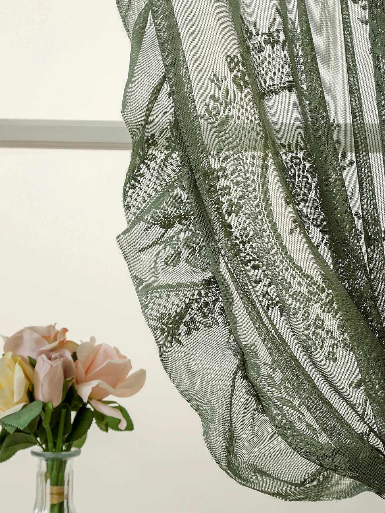 Green Lace Curtains 84 Inches Long 1 Panels Set, Boho Sheer Florals Scallop Ruffle, Shabby Chic Vintage Window Treatment Pair