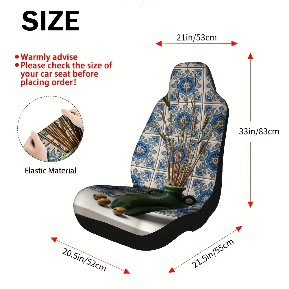 2pcs, Olive Vase Floral Tiles Art Print Front Seat Covers, Comfortable And Soft, Fit For Driver And Passenger Seats, Ideal For