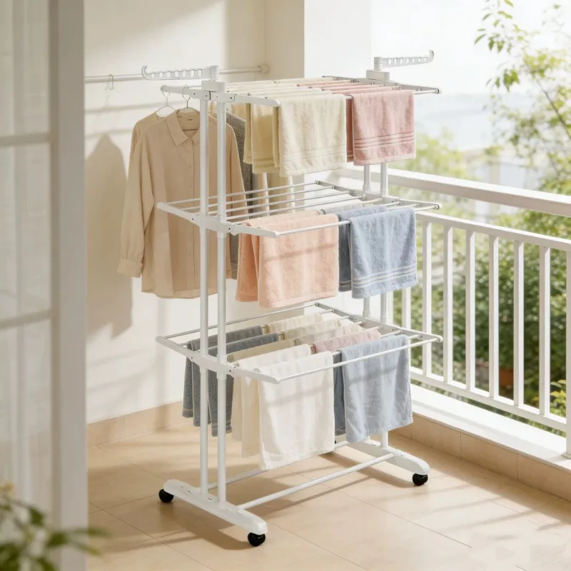 4 Tier Foldable Clothes Drying Rack 4 Tier Movable Rolling Laundry Rack with 4 Wheels Large Capacity Foldable Clothing Dryer