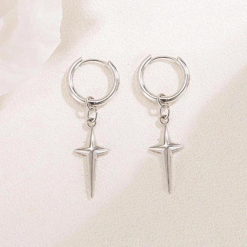 

925 Sterling Silver Cross Star Shaped Stud Earrings Elegant Fashionable Four Pointed Star Cold Style Design Earrings for Women