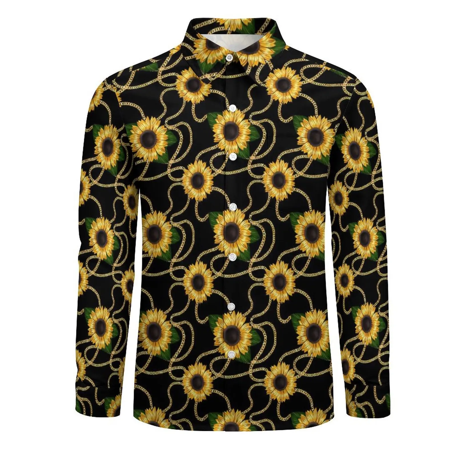 Gold Chain Print Beach Shirt Sunflowers Stylish Summer Casual Shirts Man Vintage Blouses Short Sleeves Stylish Custom Clothing