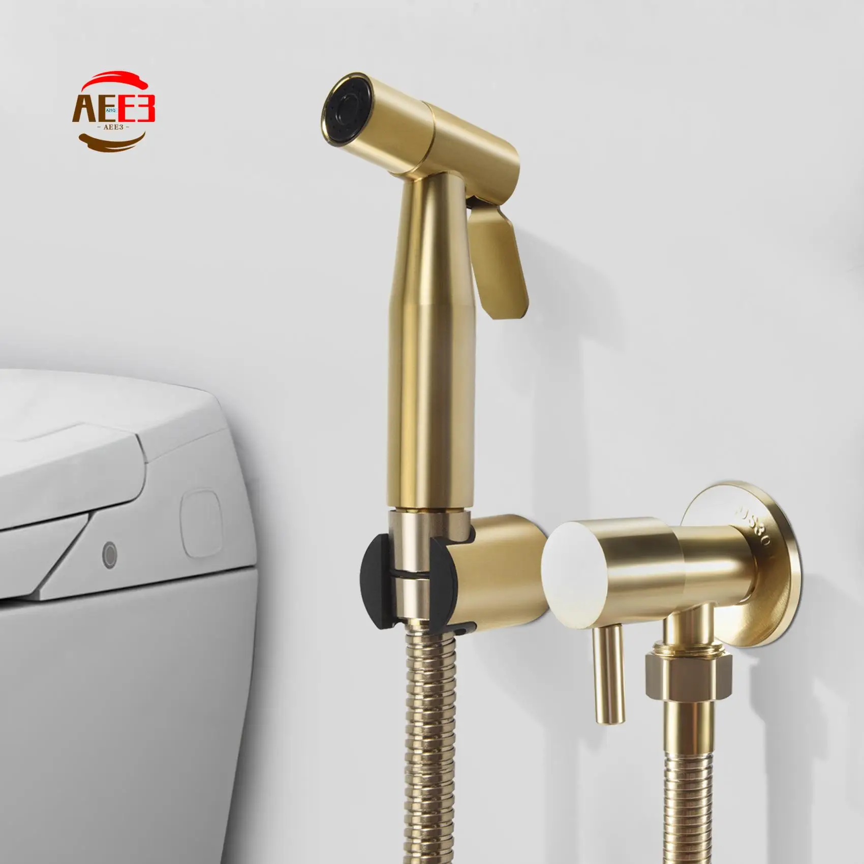 

AEE3-Bathroom Toilet Bidet Tap Kit Brushed Gold Wall Mounted Bidet Sprayer Shower With Shut-Off Valve