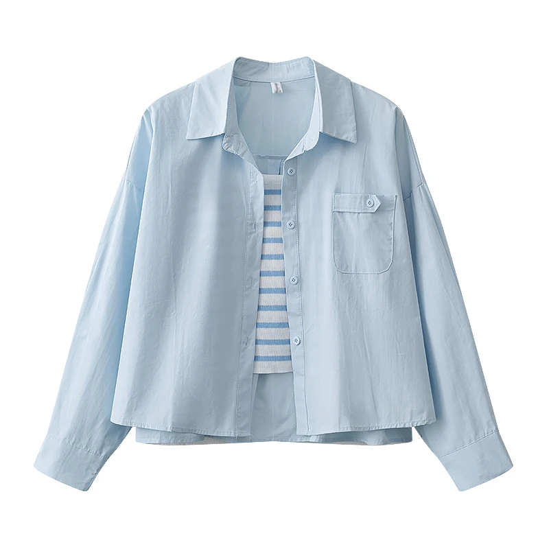 

French Style Long Sleeve Shirt Women Spring Autumn New Pocket Single Breasted Lapel Coats with Stripe Vest Fashion Two-piece Set