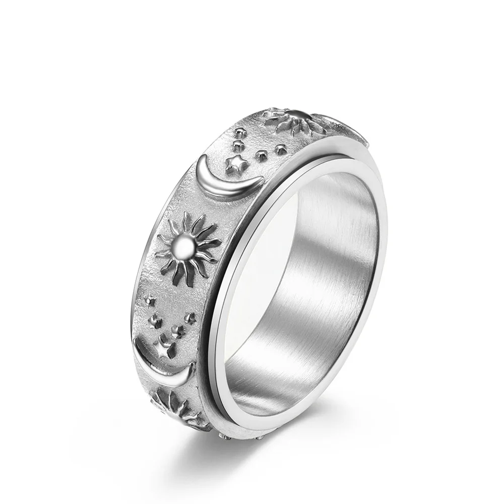 Himmlischer Spinner-Ring mit Sternen, Mond, Sonne, Titanstahl, rotierender Zappel-Schmuck zur Angstlinderung, Stressabbau, Geschenk für Männer