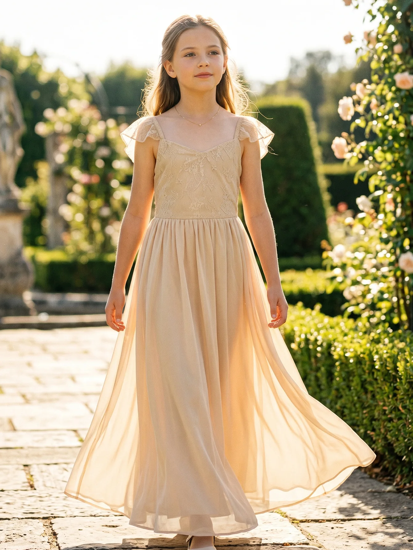 HETISO Girls Chiffon Dress Elegant Kids Lace Summer Beach Dresses Elastic band Children Bridesmaid Wedding Ball Gown 4-12Y