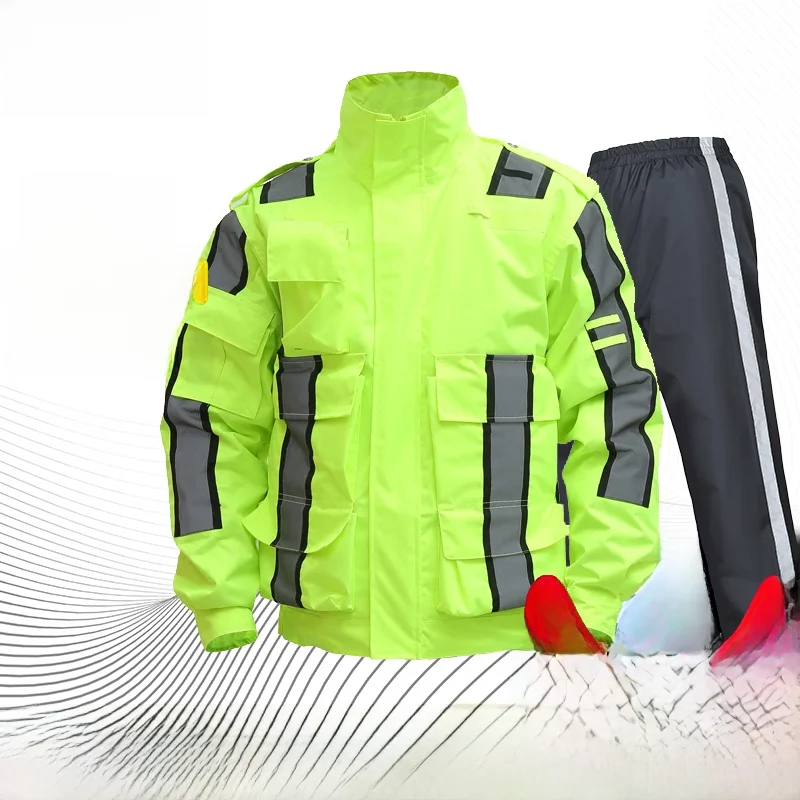 

Fluorescent Green Adult Waterproof Reflective Rain Suit Cycling Rainwear Safety Traffic Clothing Separate Raincoat And Pants Set