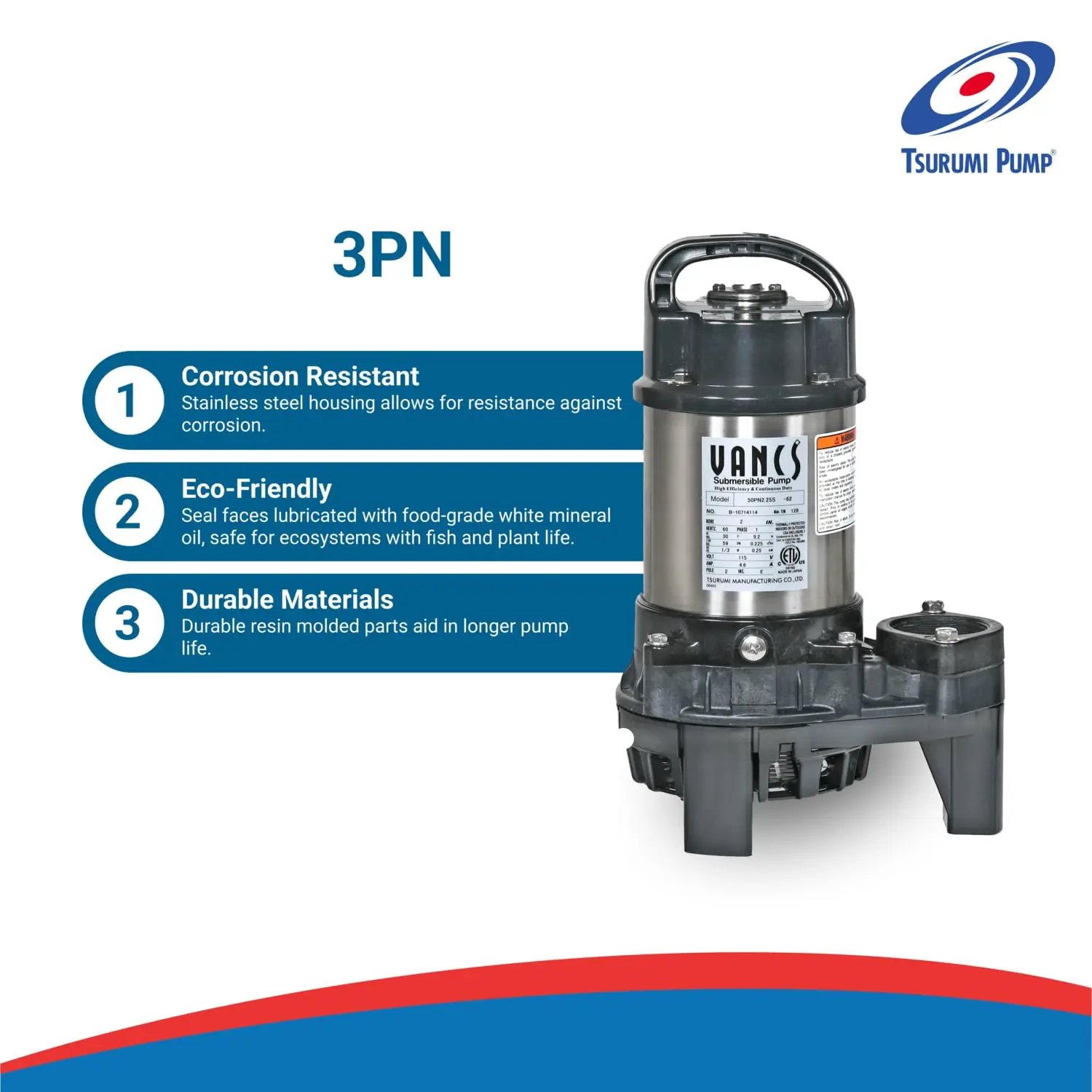 

Tsurumi Pump 3-PN | Submersible Pond Pump/Waterfall Pump | 1/3 HP,115V,2 in Discharge | Ideal Water Feature Pump for Waterfalls