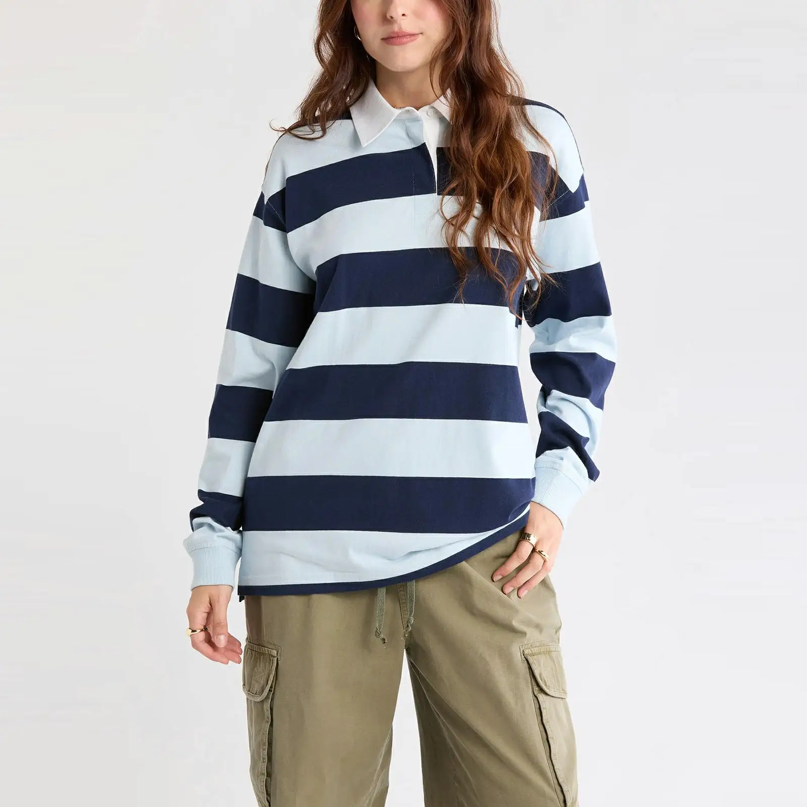 Combhasaki النساء Y2k مخطط المتضخم قمصان الرجبي في سن المراهقة الفتيات خمر بولو البلوز كم طويل زر تي شيرت غير رسمي بلايز