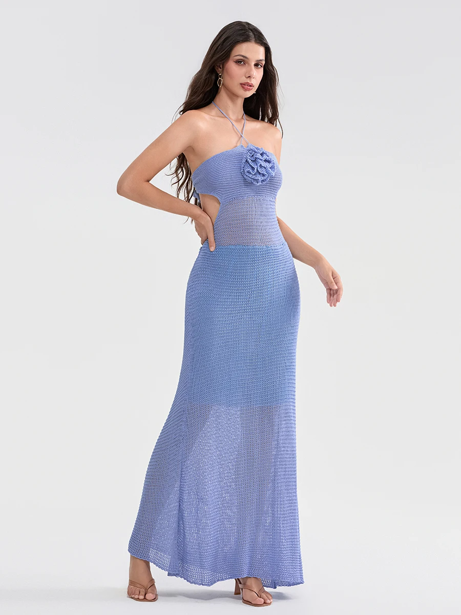 فستان نسائي محبوك هالتر مناسب بفتحة مجوفة بدون أكمام شفاف من خلال زهرة ثلاثية الأبعاد بلون سادة فستان طويل لنادي الحفلات