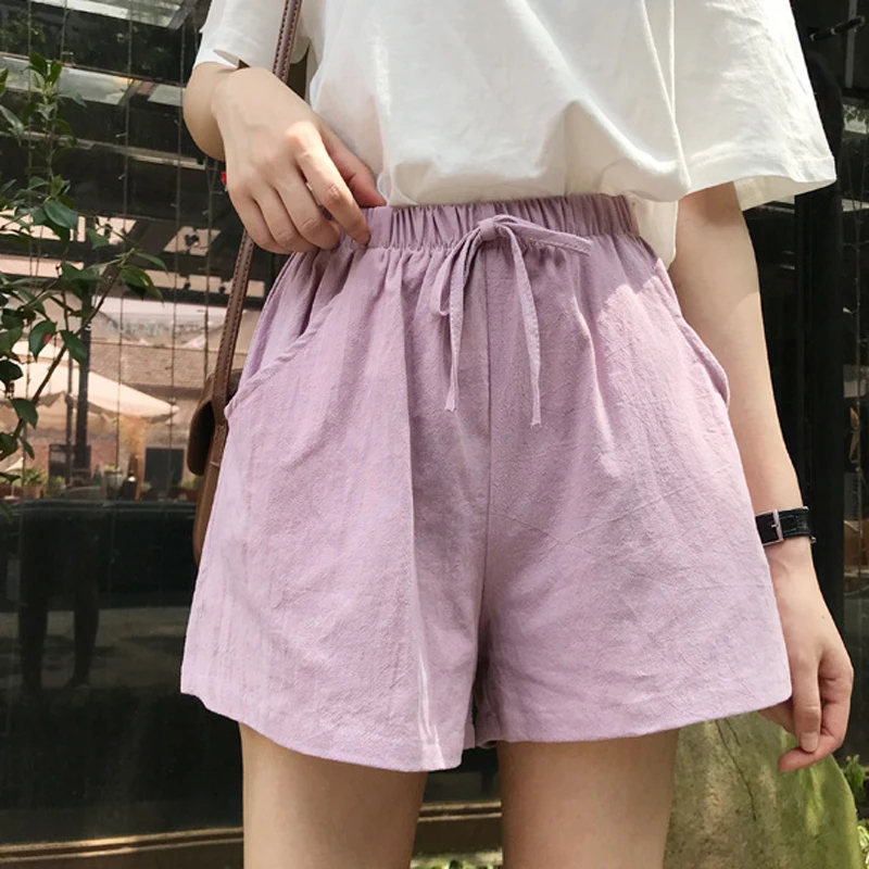 Cotton Linen Shorts Woman Home Wear Basic Short Pants Mini Trousers Trafic High Waist Bottom for Teen Girls Summer Plus Size