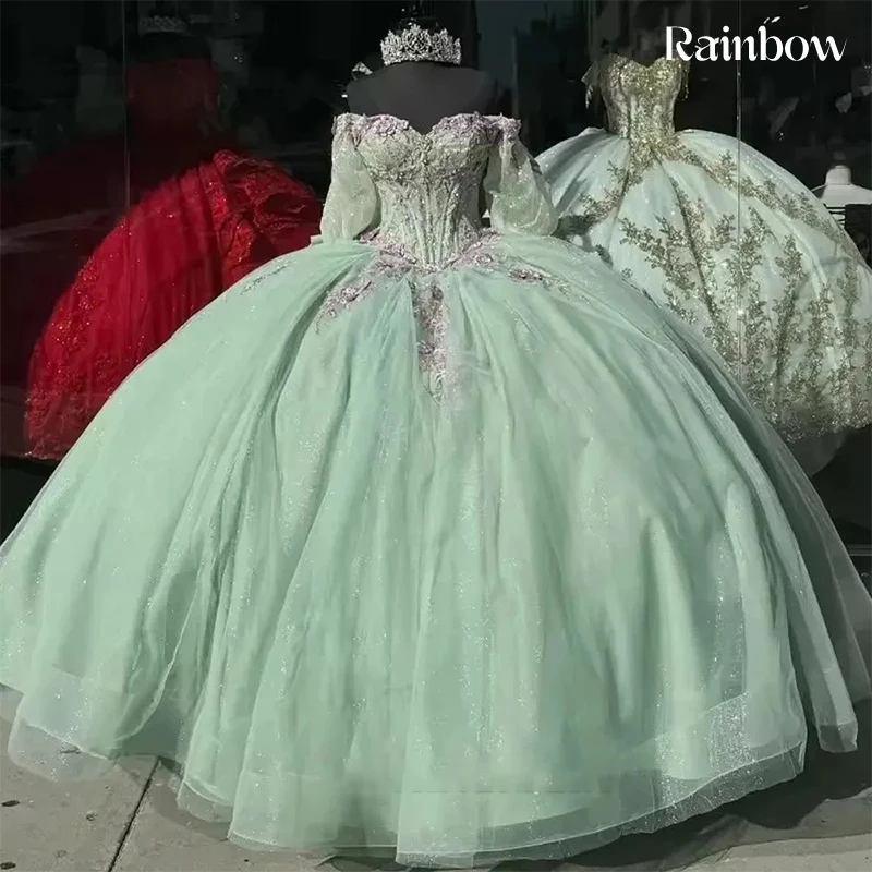 فستان Quinceeneara رشيق من الأورجانزا مع تطريز ترتر ثوب حفلة بأكمام طويلة ورقبة على شكل حرف v مخصص للحفلات الراقصة فيستدو دي نوش