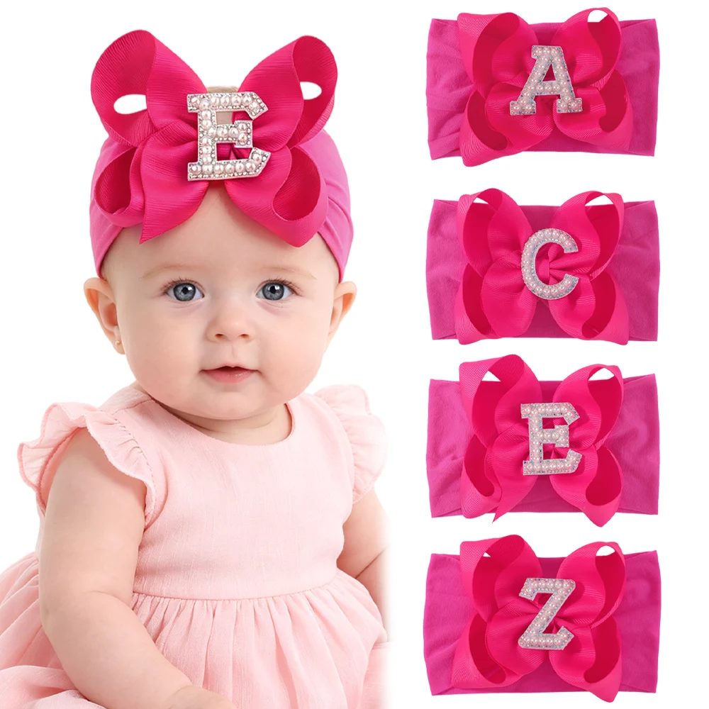 Personalisierte Baby-Stirnbänder mit Buchstaben, Bling-Strass-Alphabet, Satinschleife, Breite Nylon-Haarbänder für Neugeborene, Party-Accessoire
