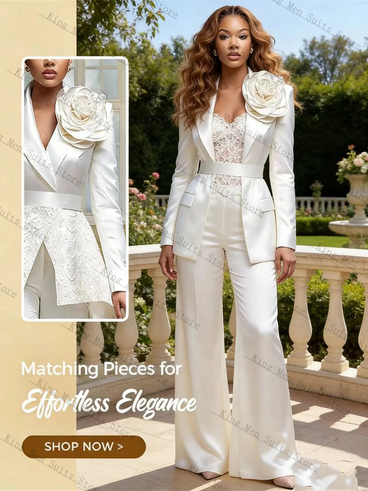 

Белый атласный женский костюм-двойка: укороченный пиджак и брюки с поясом. Весенний, на заказ, для торжественных мероприятий, свадеб, официальных приемов.