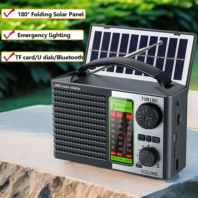 Portable Full Band Radio Solar Power FM AM SW Radios Wireless Bluetooth Music Player with Strong LED Light Rechargeable Battery