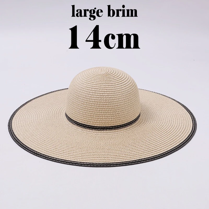 14cm Super Wide Brim Straw Hat Women Luxury Beach Sun Hat Large Ribbon Sunhat Summer UV Protection Holiday Foldable Panama Cap