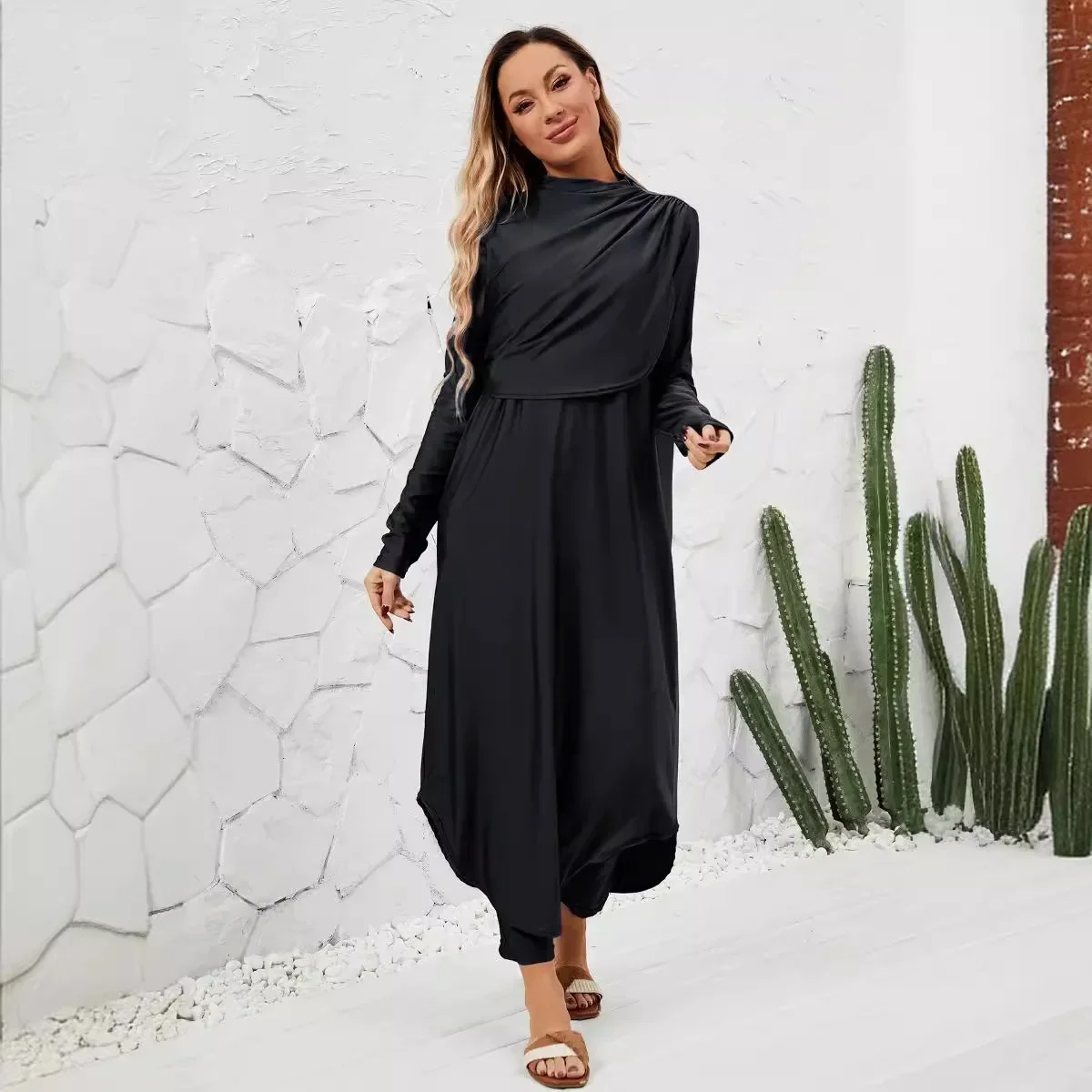 Black Modest Swimwear Women With Swim Cap 2024 Summer Dubai Abaya 3 Piece Set Burkini Muslim Mujer Robe Femme Musulmane Clothing