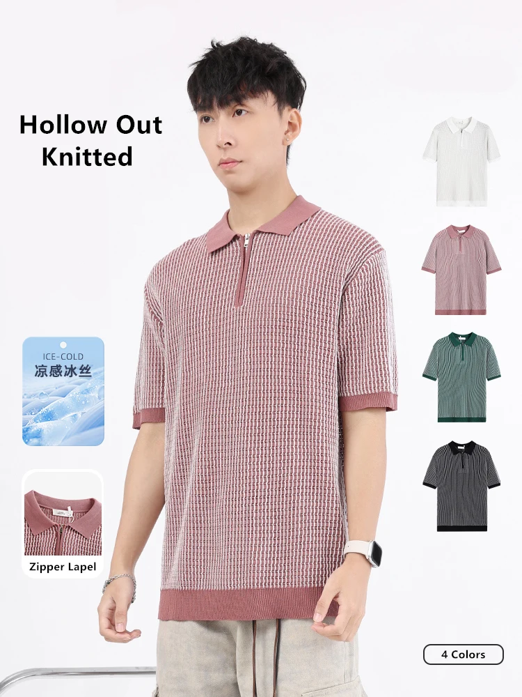 

Эластичная трикотажная мужская рубашка-поло на молнии в полоску, высококачественная шелковистая летняя качественная дышащая универсальная рубашка Camisas De Hombre