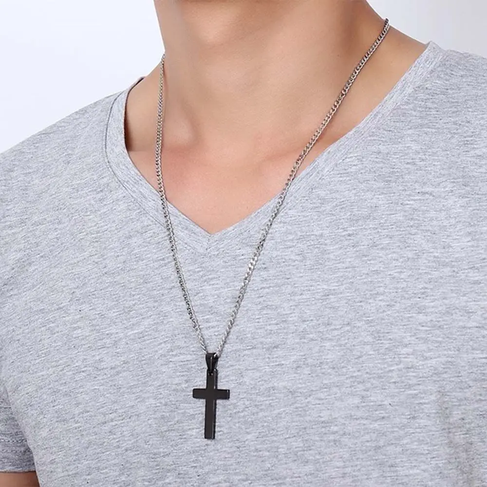 Regalo de fiesta para hombre, Color acero, minimalismo negro, cadenas de clavícula de Metal, collares cruzados, colgante de Cruz