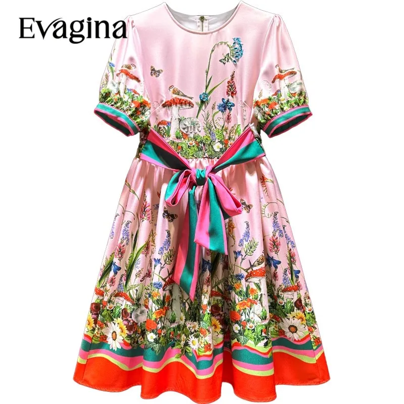 Evagina Temperament Fashion Vintage Nail Bead Lace-Up Mini dress 2023 Spring Summer New Women's Puff Sleeve Holiday Dresses