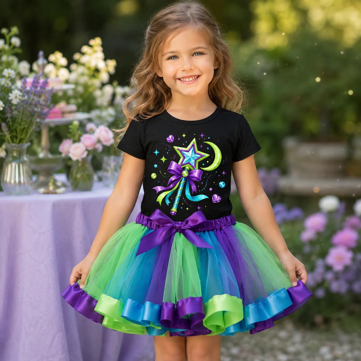 Girls Fairy Magic Wand Print Short Sleeve T-shirt + Green Purple Blue Tutu Skirt 2Pcs Set Kids Princess Birthday Party Costume T