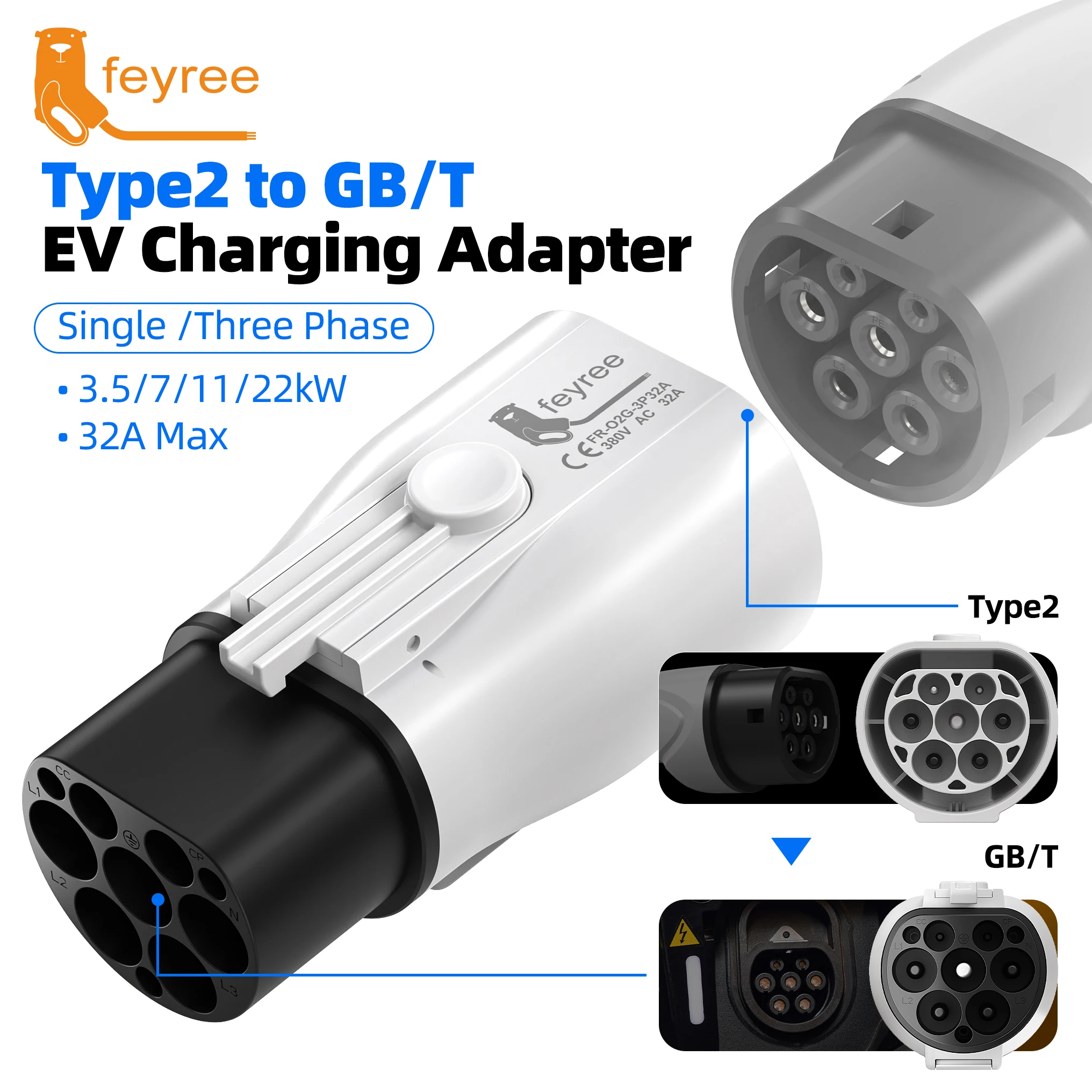 Feyree Type 2 (IEC 62196-2) to GB/T Charging Adapter Converter | Supports 16A & 32A | Safe & Compatible