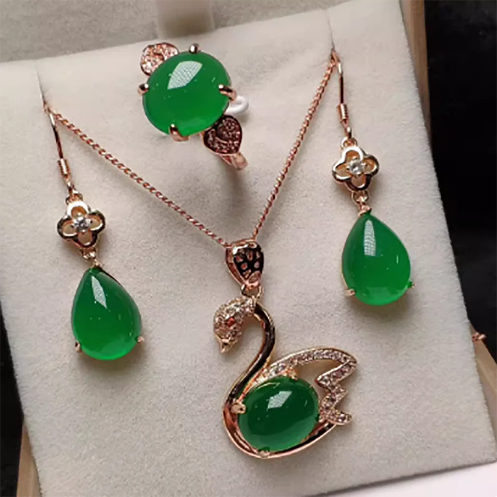 Natural ice seed powder, chalcedony, green beans, swan silver inlaid jade pendant, ring, earring set