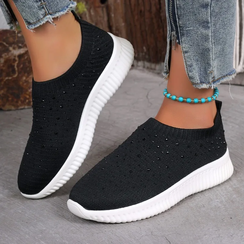 Shiny Crystal Platform Sneakers Women Light Breathable Knitting Sports Shoes Woman 2024 Soft Bottom Non-slip Flats Plus Size 43