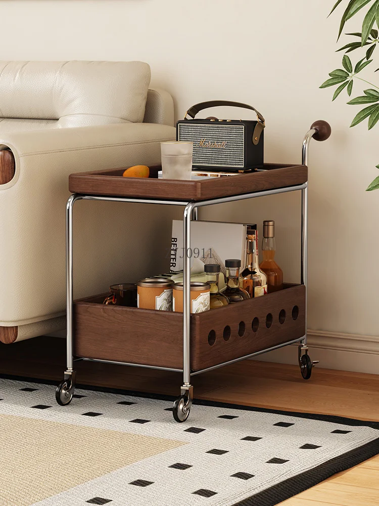 Zwarte walnootkar, opbergrek in de woonkamer, verplaatsbare massief houten salontafel bijzettafel