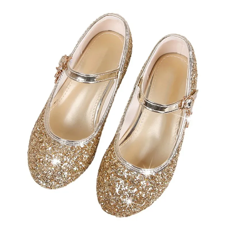 Children\'s Glossy High Heel Dance Princess Shoes Girls Non-slip Sequins Shallow Mouth Leather Shoes 26-40 Sizes