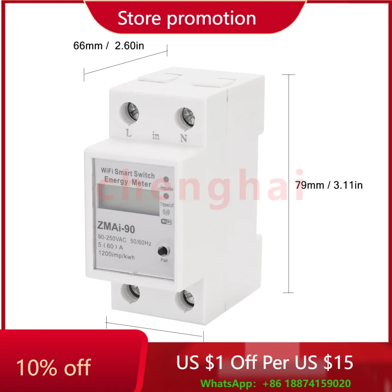 

Tuya Single Phase Energy Meter Wifi Zmai-90 Power Metering Wattmeter Voltage Current Monitor Work with Alexa google Smart Life