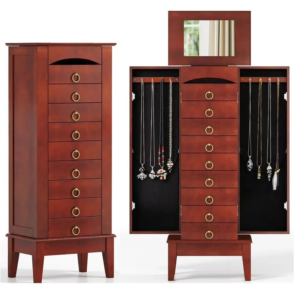 Wooden 9-Drawer Storage Chest with Mirror and Top Divided Compartments