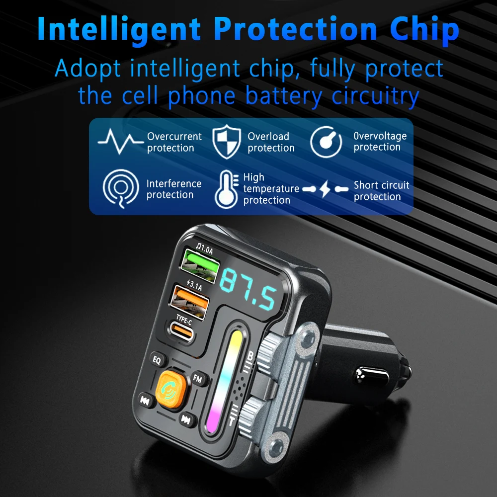 مشغل MP3 للسيارة اللاسلكية، جهاز إرسال FM، شحن سريع USB/PD 3.1A، صوت هاي فاي، شريط إضاءة للموسيقى، تصميم أسطوانة مزدوجة، شاحن سيارة