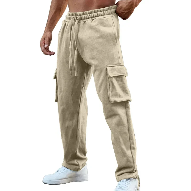 men's trousers autumn and winter new heavyweight terry sweatpants casual drawstring travel straight multi-pocket overalls