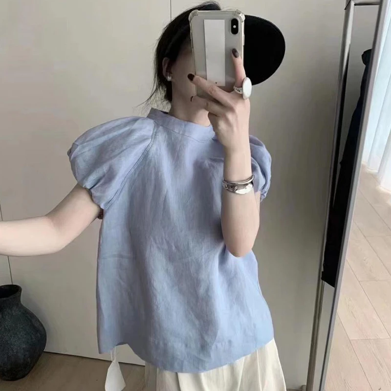 Very Rare Style French Shirt Casual Retro Short-sleeved T-shirt Female Spring And Summer Blue Design Solid Color Niche Top