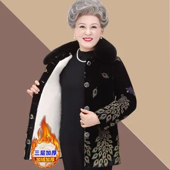 Borduurwerk Winter Kleding Mid-Lange Dikke Katoenen Kleding Vrouwen Katoen Gewatteerde Jas Grootmoeder 'S Golden Fluwelen Bont kraag Pa