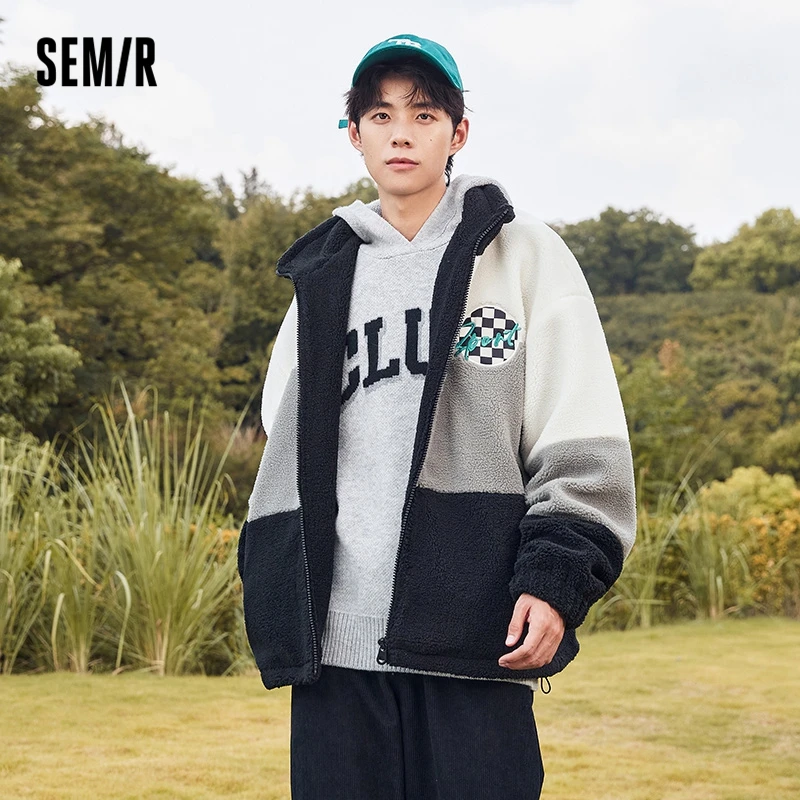 

Semir Outerwear Men 2022 Winter New Vintage American Mosaic Lamb Hair Jacket Campus Boys Personality