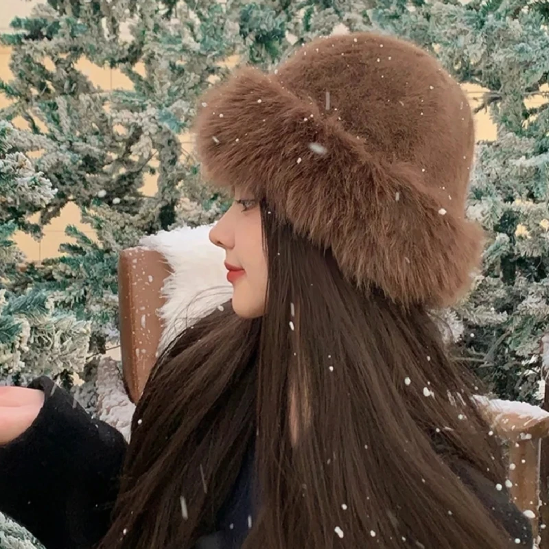 

Fluffy Fur Fisherman Hat For Women Winter Plush Mongolian Hat Ear Protection Cap Windproof Warm Panama Caps Solid Bucket Hat