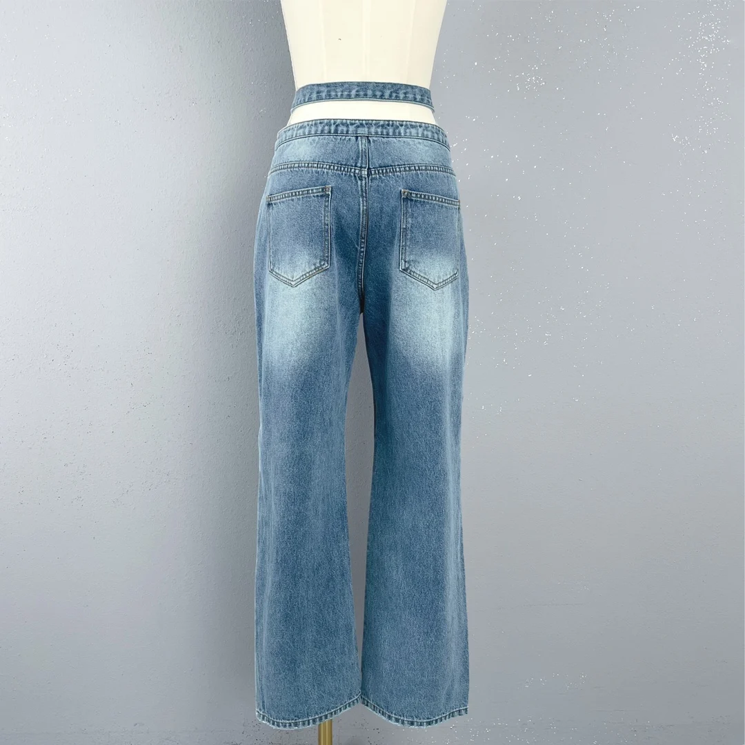 Y2K three-dimensional rose flower waist decoration light blue straight Women's pants temperament hundred cross tie jeans